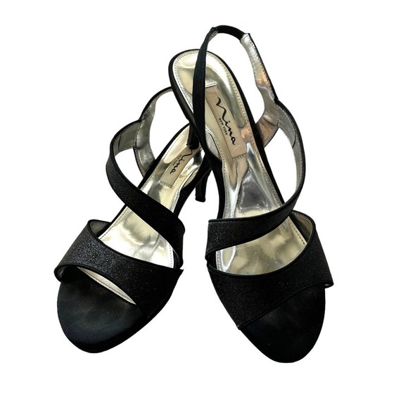 Nina Sparkle Strappy Slingback Heels Black Shimmer Size 8 - Picture 1 of 10